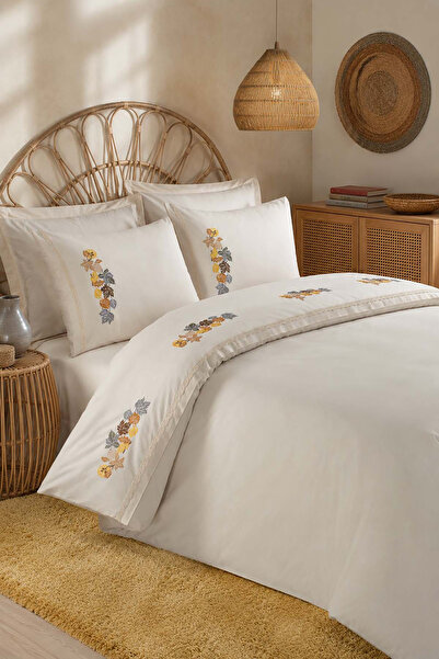 ÖDEL BULDAN Natural - Mustard Lace Leaf Embroidered Single Duvet Cover Set