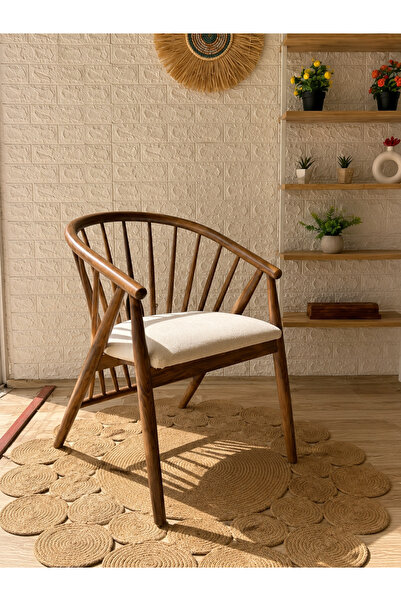 silla Kaburga Sandalye Teddy Krem Kumaş Ceviz Ahşap Sandalye