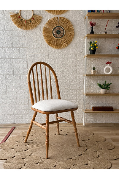 silla Motifli Ada Sandalye Teddy Krem Kumaş Naturel Ahşap Sandalye