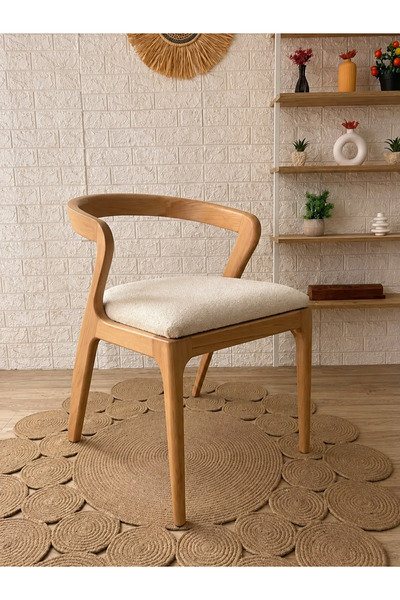 silla Akrep Sandalye Teddy Krem Kumaş Naturel Ahşap Sandalye