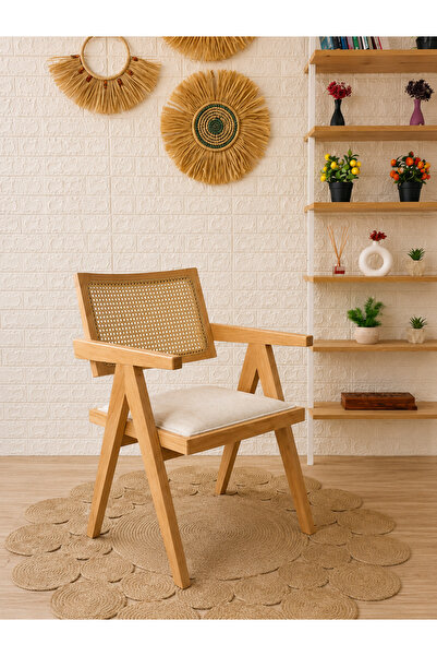silla Luna Sandalye Teddy Krem Kumaş Hasırlı Naturel Ahşap Sandalye
