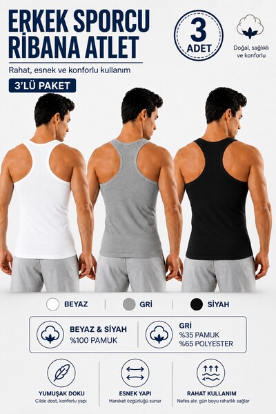 Alıç Men's Athlete Ribbed Undershirt 3-Pack Black White Gray Cotton Flexible ...