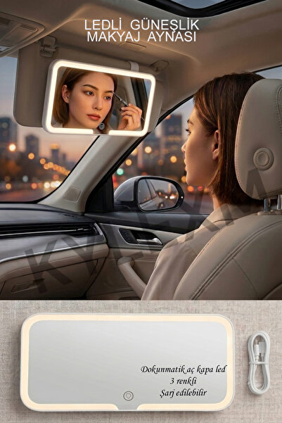 KYLE XM Güneşlik Makyaj Aynası Ledli Araç İçi Makyaj Aynası – 3 Renk Işıklı D...