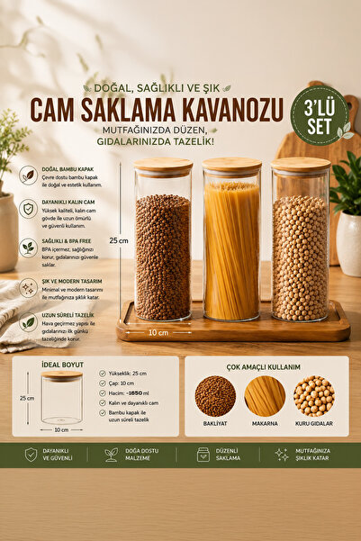 Porsima 3-3 Bambu Vakumlu Kapaklı Yuvarlak Borosilikat Cam 3lü Kavanoz Seti S...