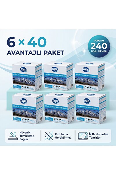 Hops Gözlük&Ekran(Telefon-Tablet) Temizleme Mendili 6x40LI 6 PAKET ( 240YAPRAK)