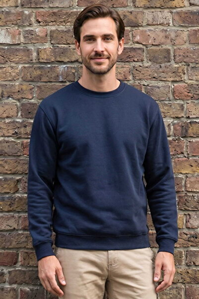 RELAXIA Men's Navy Blue Crew Neck Basic Sweatshirt Long Sleeve Ribbed Regular...