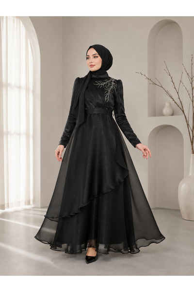 BestShopping Organze Taş Detay Abiye Elbise Siyah