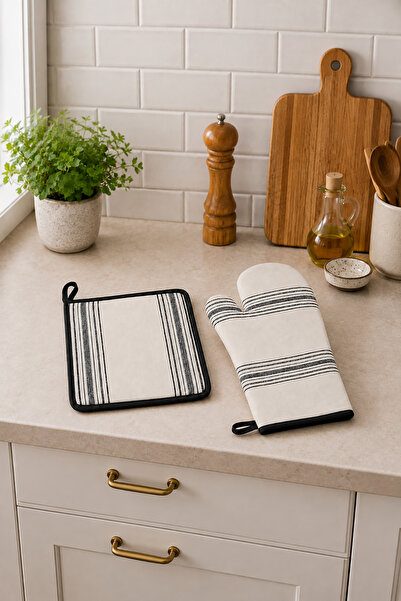 ÖDEL BULDAN Natural-Black Buldan Linen Striped 2-Piece Kitchen Set (Gripper, ...