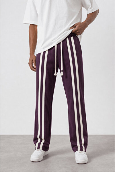 Respire Men's Front Stripe Detailed Baggy Sweatpants Plum