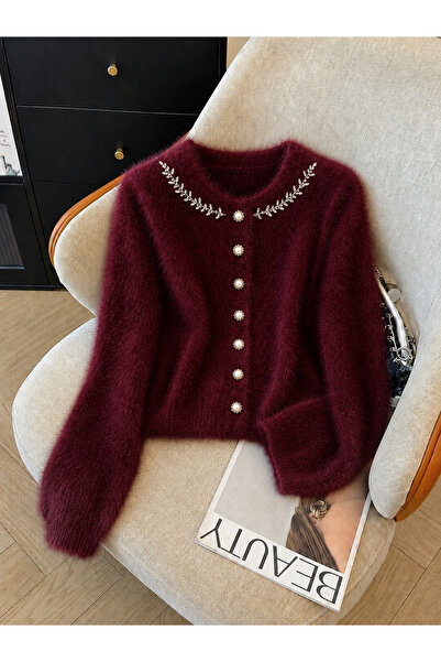 Elysira Women's Collar with Stone Detail, Plush Look Knitwear Basic Cardigan