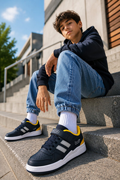 Best Of Bestof Jordan Sneaker Lacivert Sarı Mevsimlik Unisex Çocuk Spor Ayakkabı