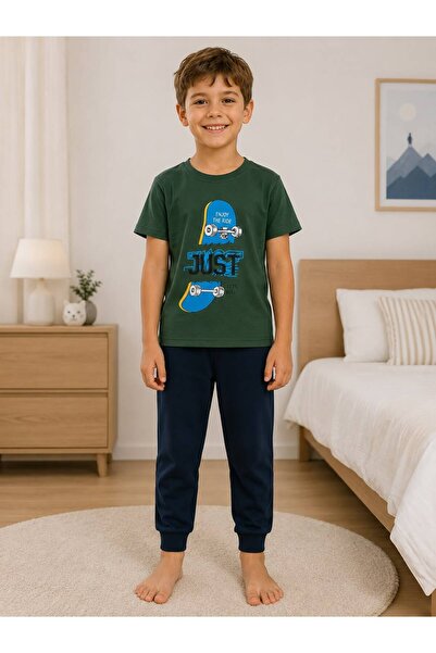 Pajama Shop Boy's Green Color Skateboard Patterned Short Sleeve Six Long Thin...