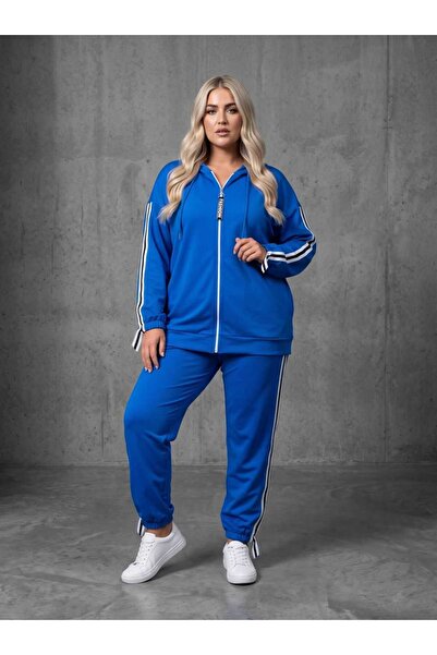 Koza Butik Women's Plus Size Hooded Print Detailed Tracksuit Set 8136-25
