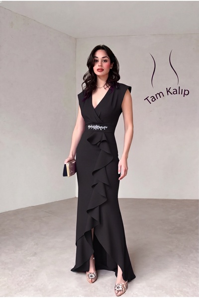 ALFUDO Moda Collection Kadın Scuba Krep Kumaş Kruvaze Yaka Eteği Volanlı Keme...