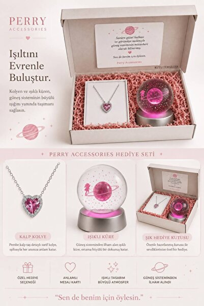 Perry Accesories 3d Satürn Kız Renk Değiştiren Kar Küresi Ve Pembe Çelik Kalp...