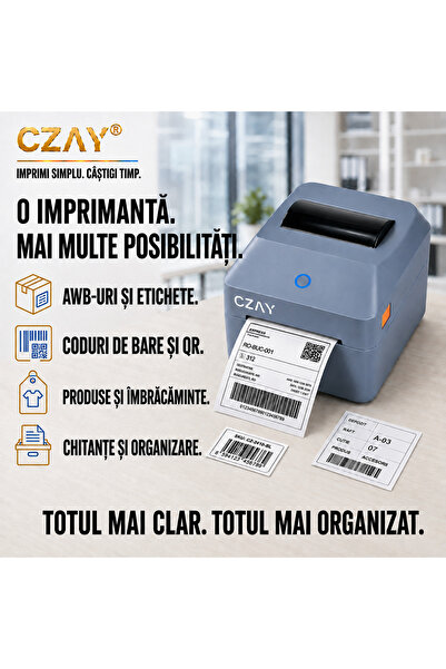 CZAY Imprimanta Termica AWB si Etichete CZAY®,Bluetooth/USB,AWB 100x150 mm (A6),Etichete 25-100 mm,100.000.000 impulsuri,Rezolutie 203 DPI,Viteza printare 160 mm/s,iOS/Android/Windows/MacOS,Albastru Regal