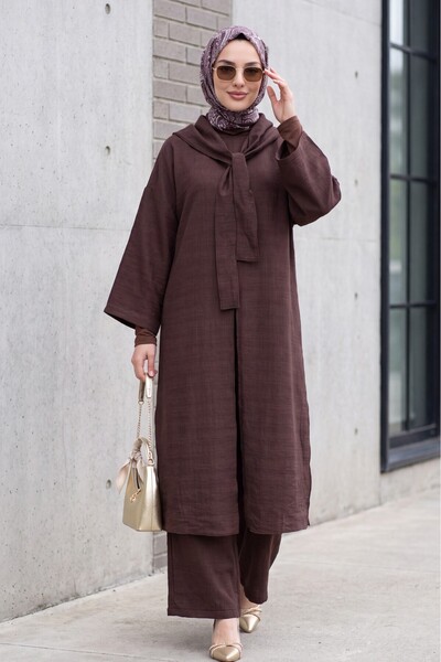 Modamorfo Deep Slit Linen Suit with Scarf Detail and Pockets - Plum