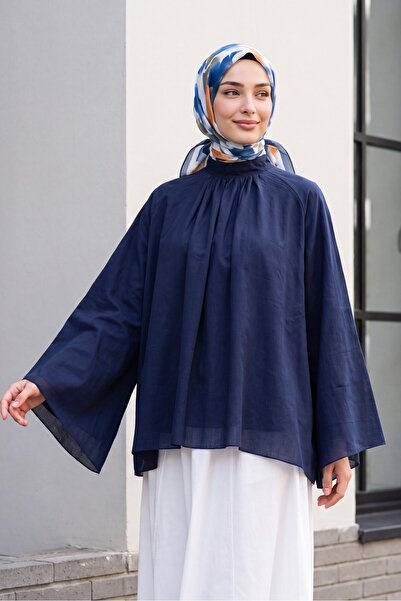 Modamorfo Hakim Yaka Spanish Sleeve Lined Voile Blouse -Dark Blue