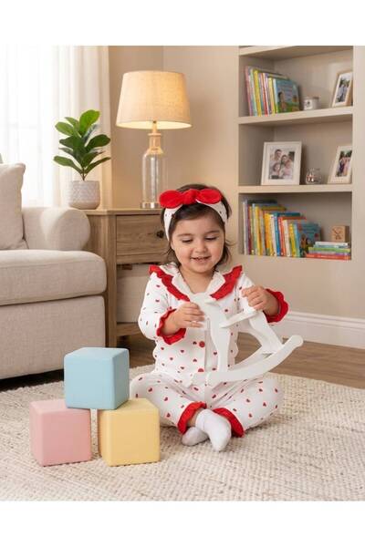 Generic Brand Baby Girl Heart Patterned Ruffle Detailed Buttoned 100% Cotton Pajama Set with Hair Band