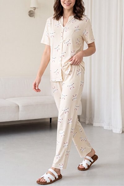 Modamorfo Mixed Figure Patterned V-Neck Short Sleeve Combed Cotton Pajama Set...