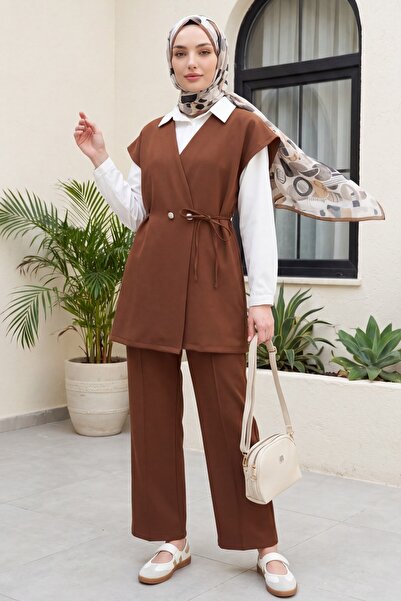 Modamorfo Button Detailed Double Lace-Up Vest Pants Double Crepe Set - Tan