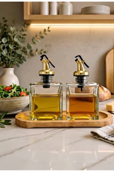 Trend Home Life Sofranız için Ahşap Stantlı 2 li 200 ml Cam Yağdanlık Sirkelik Zeytinyağı, Sıvı Yağlık, Sosluk Şişe