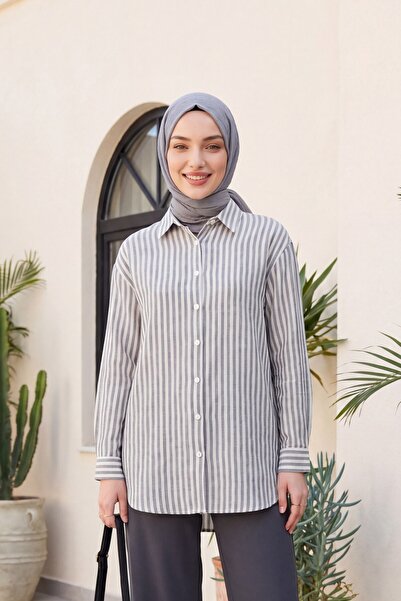 Modamorfo Striped Linen Look Shirt with Buttons - Black