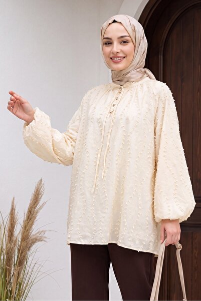 Modamorfo Lace-Up Collar, Buttoned, Lined, Embroidered Oversize Linen Tunic -...