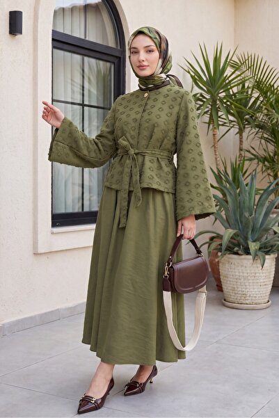 Modamorfo Single Button Belted Skirt with Pockets Embossed Patterned Jacquard...