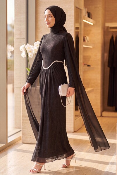 Modamorfo High Collar Stone Detailed Chiffon Cape Lined Glitter Jersey Evenin...