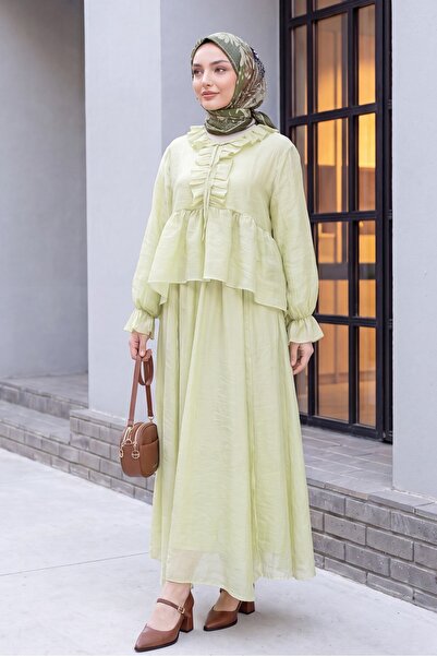 Modamorfo Asymmetrical Tulle Voile Set with Tie-Neck, Elastic Sleeves, Ruffle...