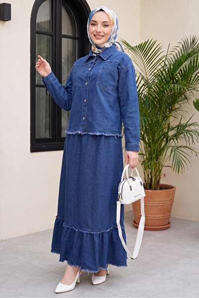 Modamorfo Shirt Collar, Double Pockets, Buttoned Hem, Tasseled Denim Suit -In...