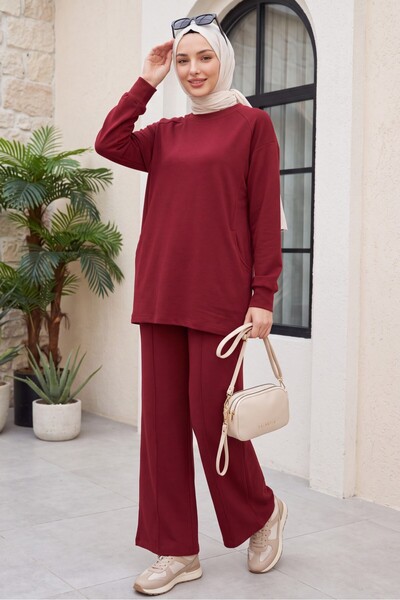Modamorfo Crew Neck Oversize Combed Cotton Suit with Pockets and Trousers - B...
