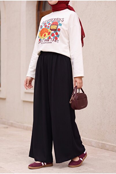 Modamorfo Elastic Waist Belted Linen Look Skirt Trousers with Pockets - Black