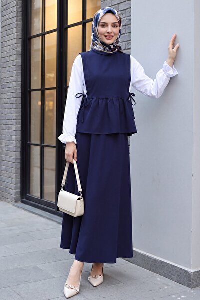 Modamorfo Shirt Detailed Side-Tie Dabıl Set with Ruffled Skirt - Dark Blue