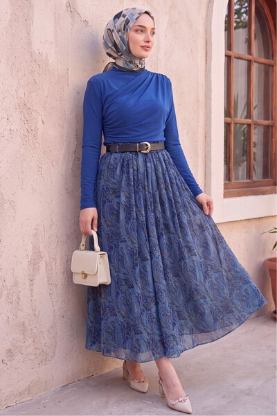 Modamorfo Elastic Waist Belted Lined Patterned Tulle Skirt -Indigo