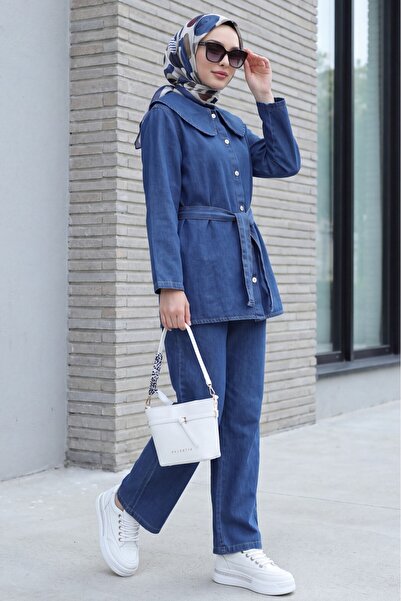 Modamorfo Baby Collar, Belted Waist, Buttoned Front, Trousered Jeans Set -Indigo