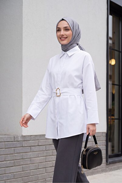 Modamorfo Poplin Tunic with Buckle Belt, Double Cuff Sleeves and Hidden Butto...