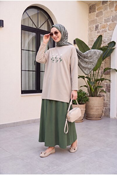 Modamorfo Beli Lace-Up Elastic Pocketed Combed Cotton Skirt -Khaki