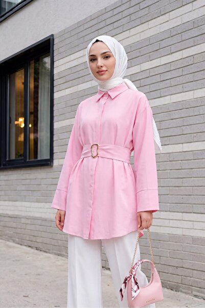 Modamorfo Poplin Tunic with Buckle Belt, Double Cuff Sleeves and Hidden Butto...