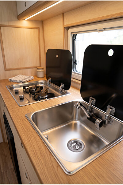 Lager Musluklu Cam Kapaklı Evye Lavabo - Switch'li Katlanır Musluk Karavan Te...