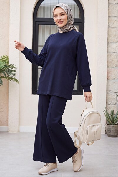 Modamorfo Crew Neck Oversize Combed Cotton Suit with Pockets and Trousers - D...
