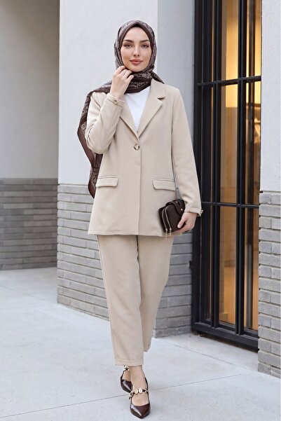 Modamorfo Single button pocket detailed double breasted collar crepe suit wit...
