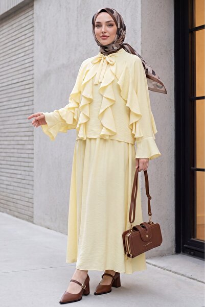 Modamorfo Lined Tulle Modal Set with Tie Collar and Ruffle Detail - Light Yellow