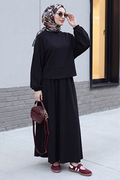 Modamorfo Crew Neck Bat Sleeve Oversized Elastic Skirt Combed Cotton Suit - B...