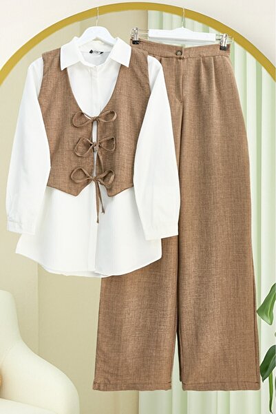 Modamorfo Tie-Front Vest and Trousers Two-Piece Set - Brown