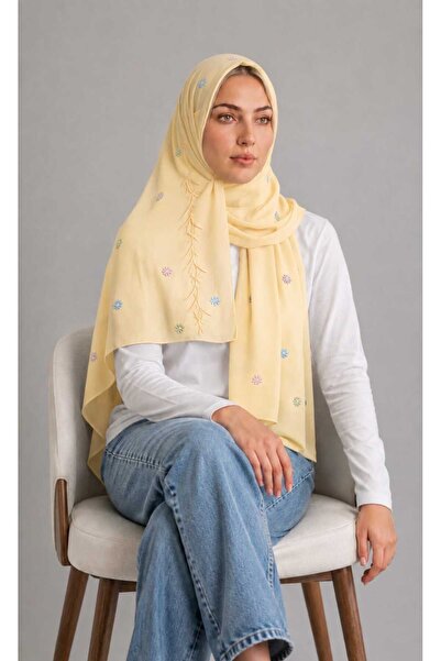 Veil Designer Two-Layer Lemon Yellow Floral Embroidery on a Colorful Embroide...