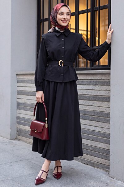 Modamorfo Modal Suit with Shoulder Pads and Belted Skirt - Black