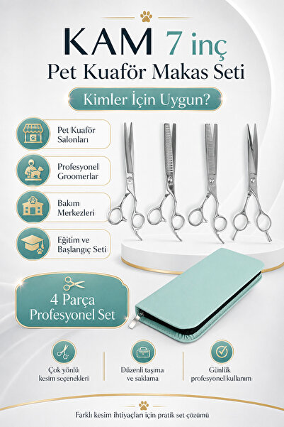KAM 7 inç Pet Kuaförlüğü için Başlangıç Makas Seti 4 Parça