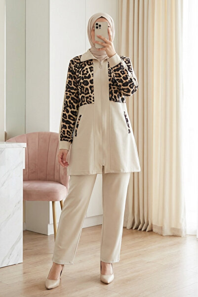 Modamorfo Shirt Collar Zipper-Up Pants Suit -Beige